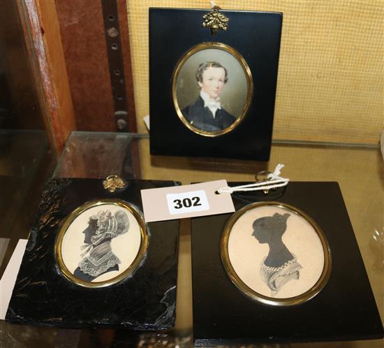 A portrait miniature on ivory and 2 silhouette portraits